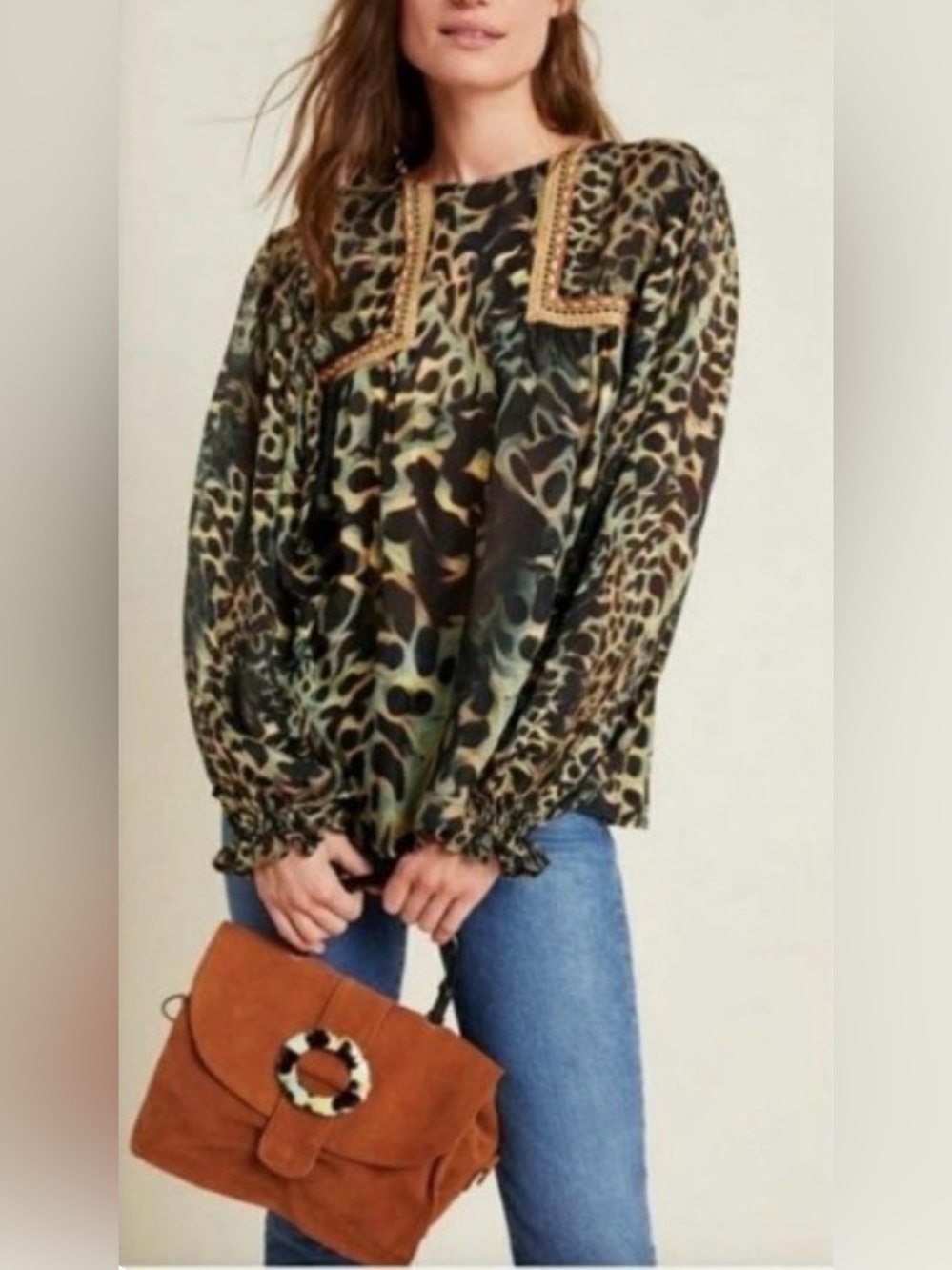 Anthropologie Blink London Joelle Leopard Print Boho Peasant Blouse M